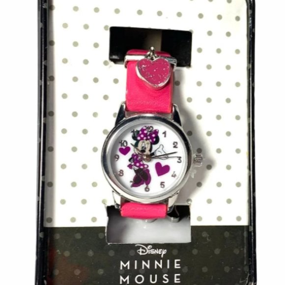 A21-NIB Minnie Mouse Silver with Pink Leather Band 3 Hand Watch - Picture 5 of 8